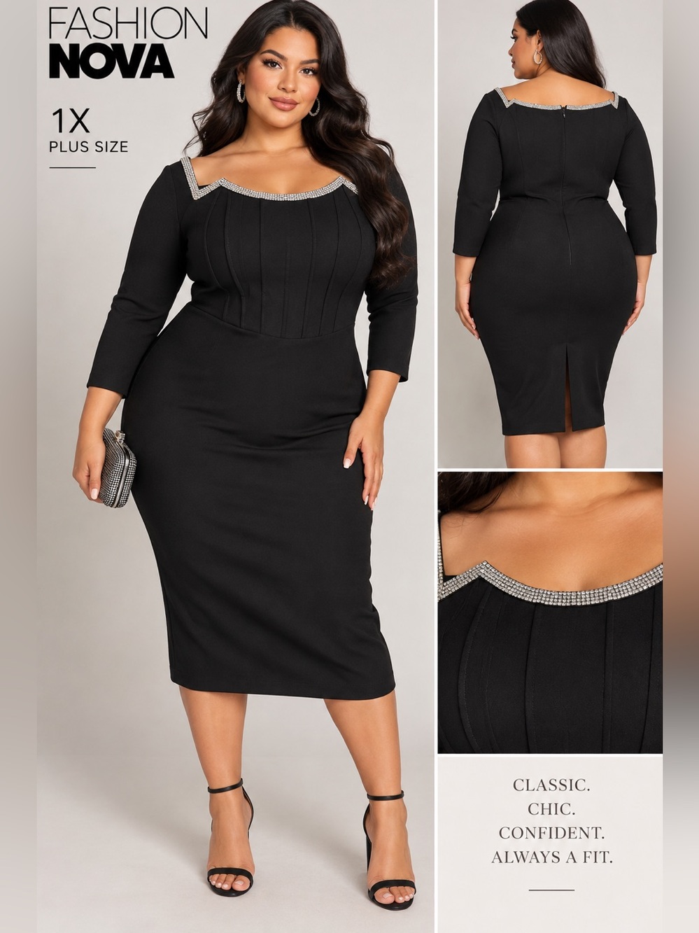 Fashion Nova Black Off-the-Shoulder Midi Dress with Silver Beaded Trim